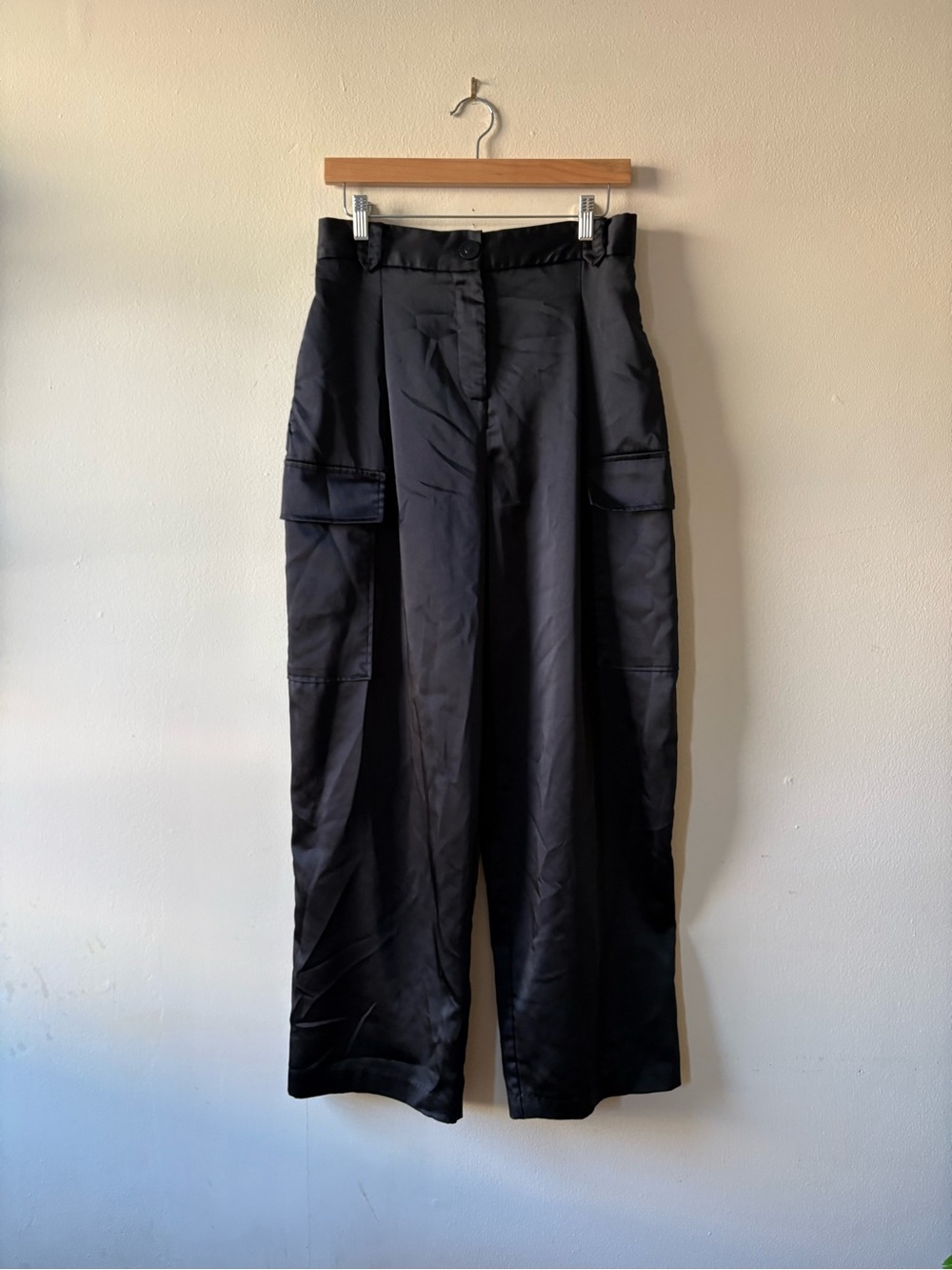 Silky Black Wide Leg Cargo Dress Pants